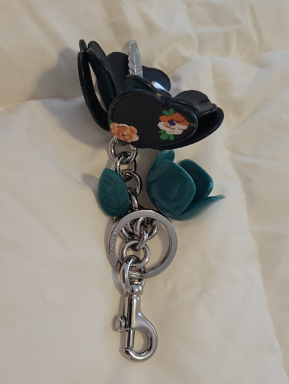 NWOT COACH Resin & Leather Tea Rose Keychain with Silver Hardware - Picture 3 of 11
